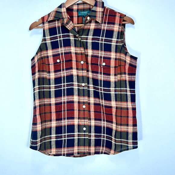Lauren Ralph Lauren Tops - Lauren Ralph Lauren Brown Navy Plaid Sleeveless Linen Button Down Blouse Size M